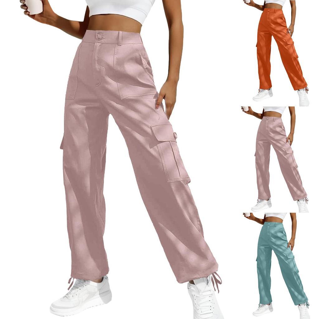 Women  Elastic High Waist Pant Casual Active  Fit Wide Leg Long Pants Trousers With Pockets