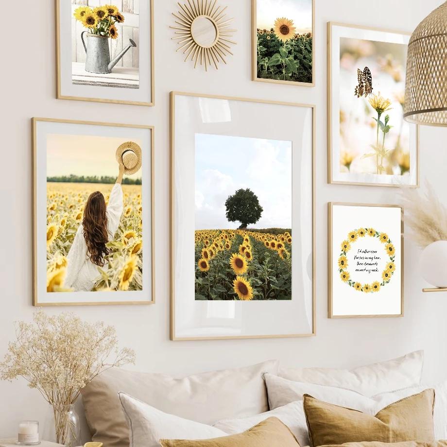 Field Girl Sunflower Tree Poster Flower Butterfly Print Canvas Painting Landscape Wall Art Pictures for Living Room Home Decor