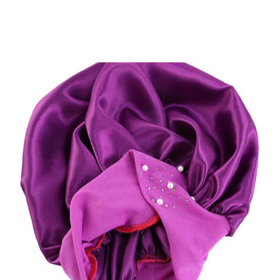 Women Bonnet Cap Solid Color Faux Pearls Rhinestone Elastic Band Bouffant Hat for Hair Salon