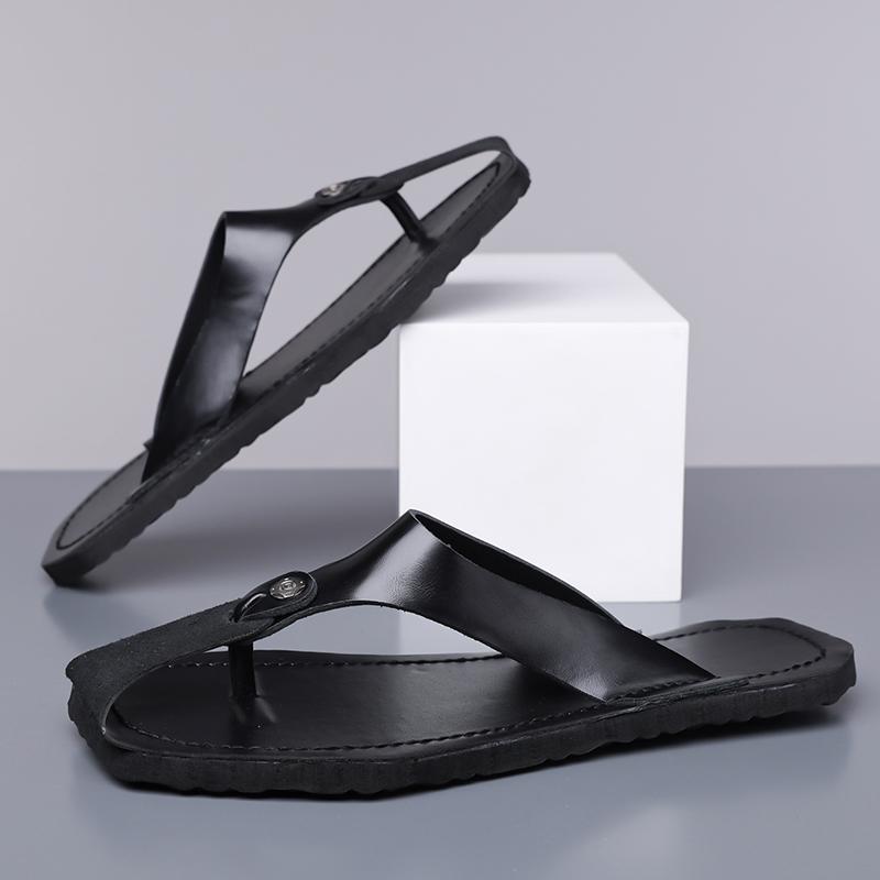 Herren Schwarz Leder Pantoffeln Einfache Flache Sommer Weiße Flip-Flops Outdoor Sandalen Braun Offene Zehen Strand Schuhe Übergröße