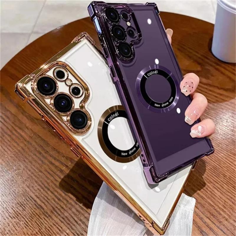Luxus Galvanisiert Magnetische Kabellose Ladehülle Für Samsung S26 S25 S24 Ultra S23 FE S22 Plus Note 20 Klare Linsen Schutzhülle