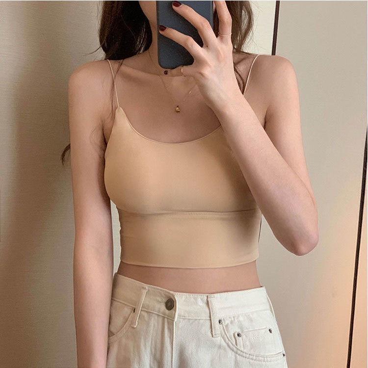 

Women s Seamless Backless Bra with Built-in Padding – Solid-coloured Versatile Cropped Spaghetti-strap Top One size fits all бежевий