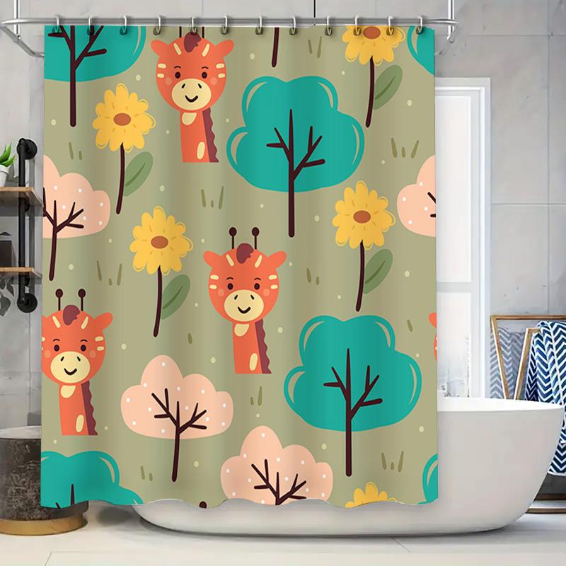 

Cute Cartoon Animal Print Shower Curtain For Kids Bathroom Decor Waterproof Home Decor Green Giraffe Pattern 72X84 Inch (183X213 W60H190(CM)-1 Pcs