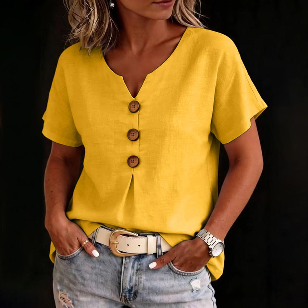 Women’s V Neck Cotton Linen Short Sleeve Button Front Casual Loose Fit Blouse Lightweight Summer Top for Daily Wear