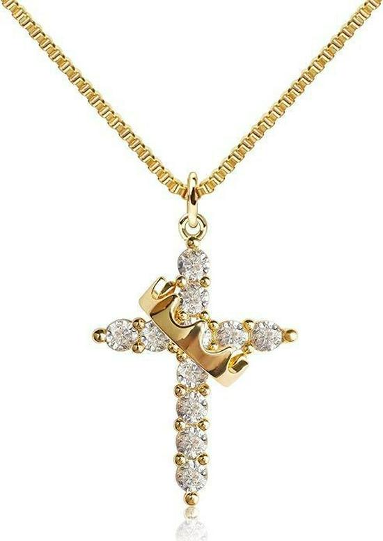 Rotatable Stainless Steel Crown Cross Pendant Necklace with Zirconia