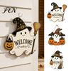 Front Porch Decoration Halloween Wooden Ghost Welcome Sign for Door, Rustic Cartoon Hanging Trick or Treat Plaque with Pumpkin Wizard Hat And