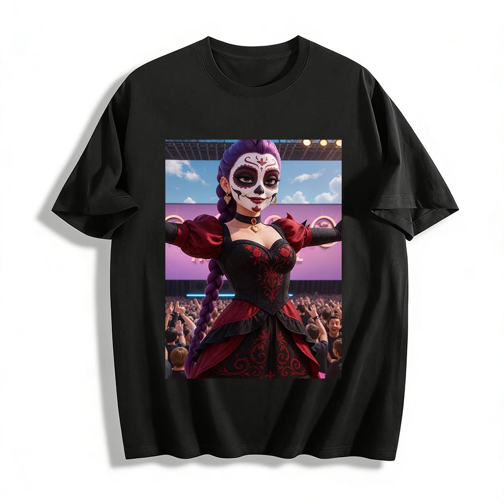 

Day of the Dead Sugar Skull Print Top Dark Red Black Contrast Party Stage Style Women s Blouse Pure cotton T-shirt XXS