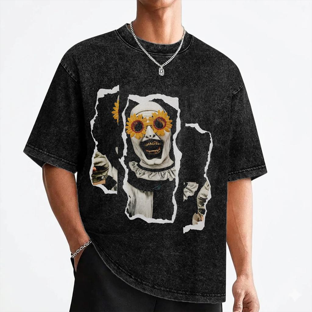 Terrifiers Art The Clown T Shirt Washed 100% Cotton Harajuku T-Shirt Halloween Vintage Men Women Streetwear Summer Tee Shirt