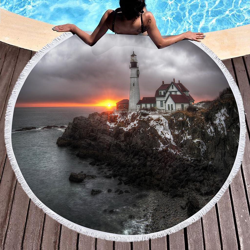 Lonely Lighthouse Printed Round Beach Towel,Polyester Sand Resistant Beach Blanket,Absorbent Quick Dry Pool Towel Picnic Mat