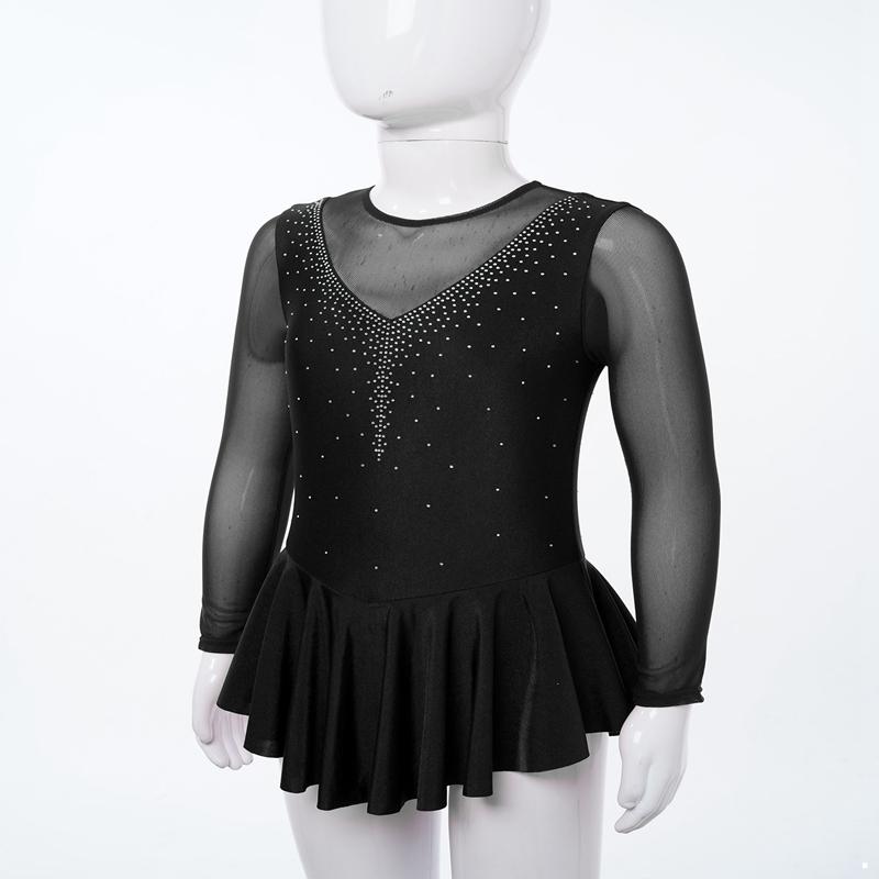 Abito da pattinaggio elegante per bambina, a maniche lunghe, con strass scintillanti, per ginnastica da ballo