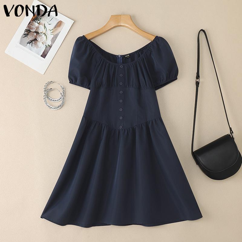 

VONDA Женское платье-туника А-силуэта с пышными рукавами и приталенным поясом в повседневном стиле 5XL синий