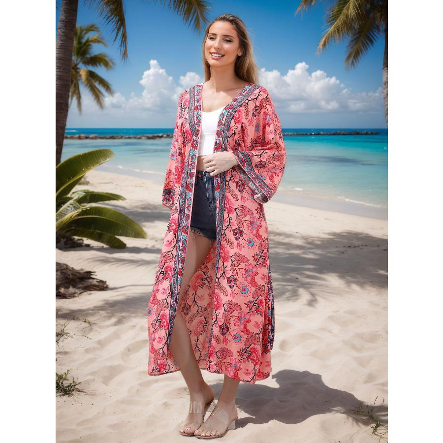 Women's Viscose Printed Kimono Cardigan Loose Long Beach Cover Up Robe, Flowy Open Front Shirt for Vacation 0981