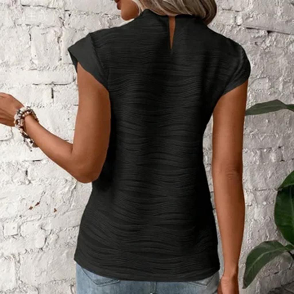 Women Summer Textured Wave Stripe Button Short Sleeve Top Crew Neck Casual Blouse Lightweight Comfortable Fit