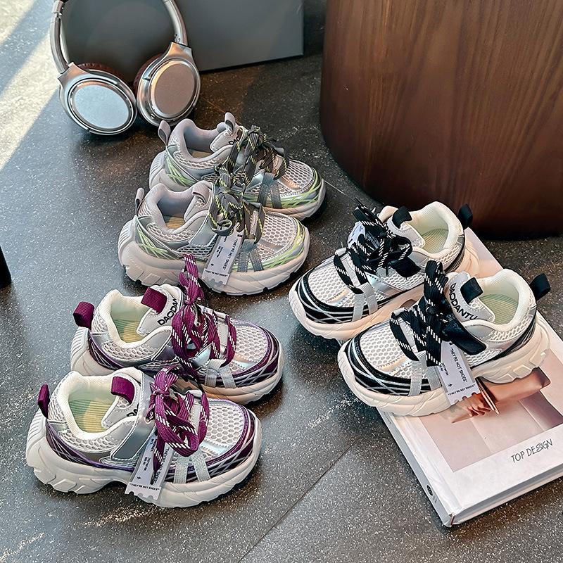 Children's double net breathable dad shoes silver fashion sneakers 2025 spring and autumn new boys and girls Korean version casual shoes