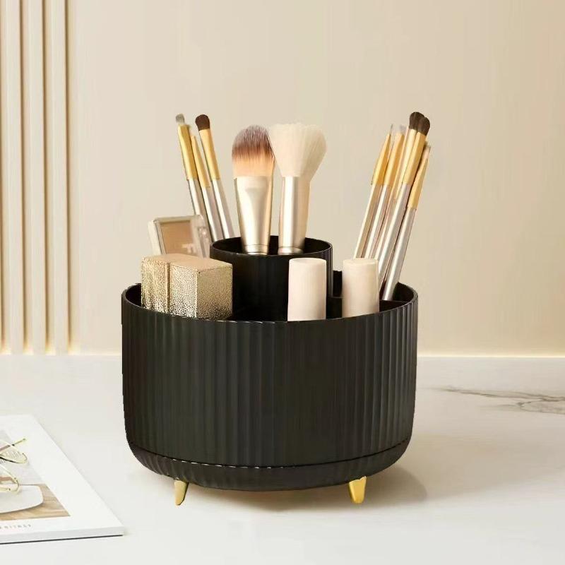 360° Rotating Makeup Organizer Cosmetic Storage with 5 Compartments Multi-Functional Holder for Brushes Stationery Unscented with Luxury Stripe Design