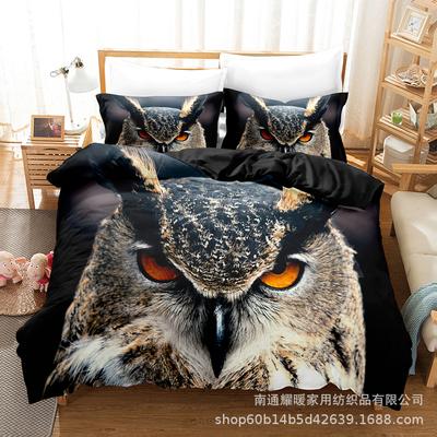 Ensemble de literie quatre pièces à impression numérique 3D Ensemble trois pièces Hibou Noir Drap Housse Couette Oreiller