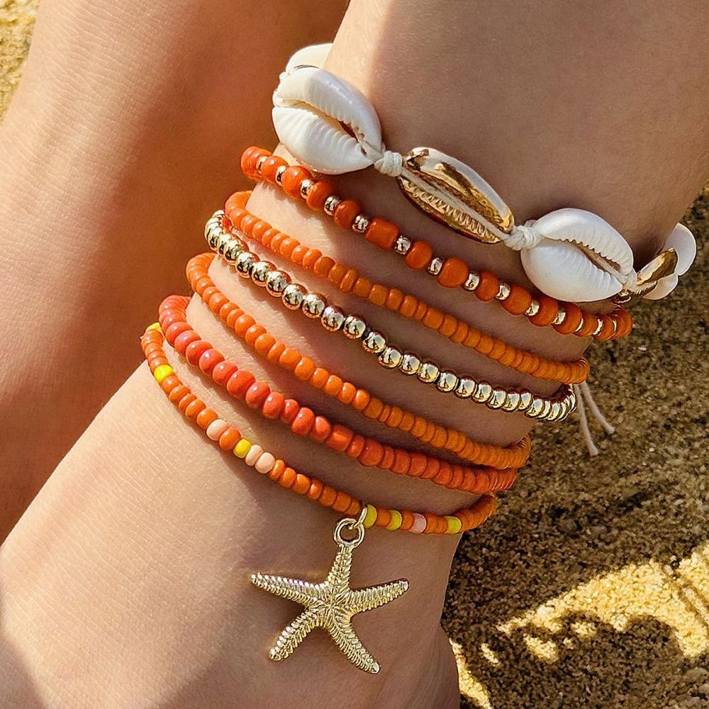 7pcs Charm Holiday Starfish Multi-layer Anklet Stretch Anklet Set Fashion Beach Jewelry