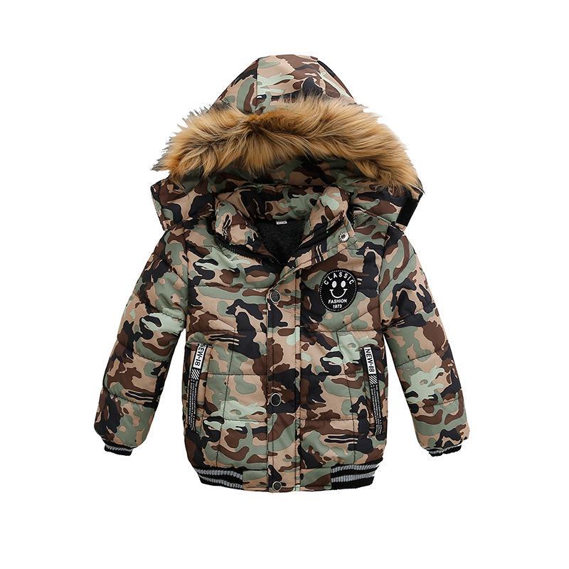 Jongens Jas Herfst Winter Effen Kleur Verdikken Capuchon Rits Mode Bontkraag Kinderen Warmhouden Bovenkleding