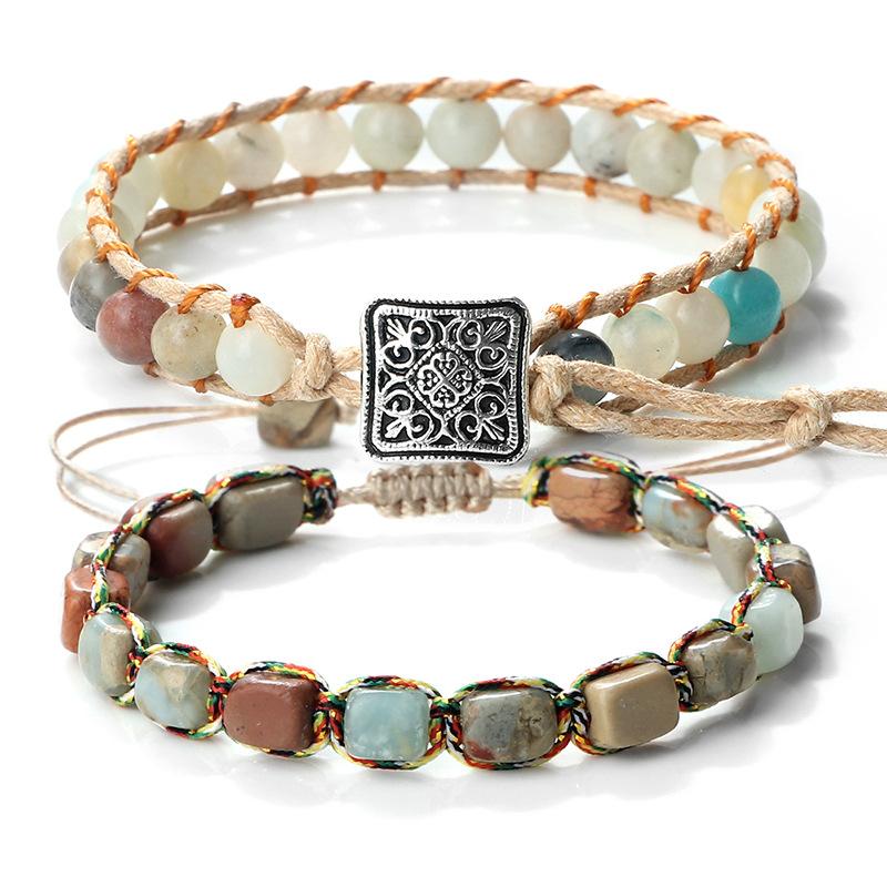 Vintage Bohemian Handmade Hemp Rope Bracelet Imperial Stone Beaded 3D Bead Charm Bangle