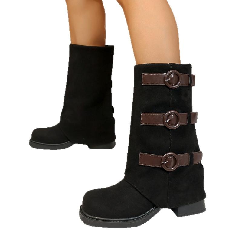 Belt Buckle Thick Heel Mid Leg Boots for Women in Autumn Winter New Style Pants Leg Western Boots Fashionable Plus Size Shoes
