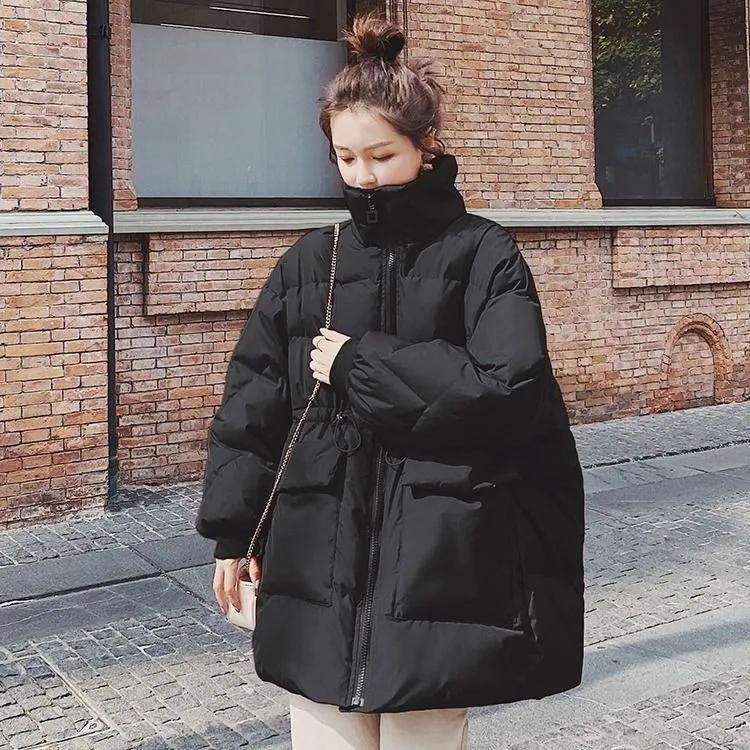 

Куртка пуховик большого размера Зимняя мода Свободная Скрывающая живот Теплая хлопковая куртка Средней длины Утепленная куртка 6XL чёрный