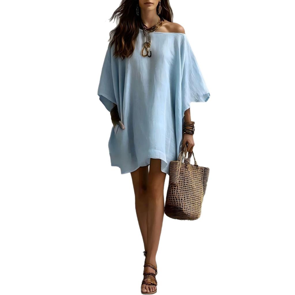 Abito Estivo Casual Moda in Misto Cotone e Lino con Scollo Bardot e Maniche a Pipistrello, Vestibilità Larga per Donna