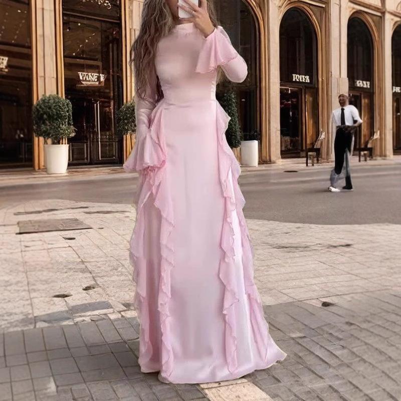 Frühling Europäische und Amerikanische Damenbekleidung Rundhals Trompetenärmel Temperament Hohe Taille Spleißband Kleid