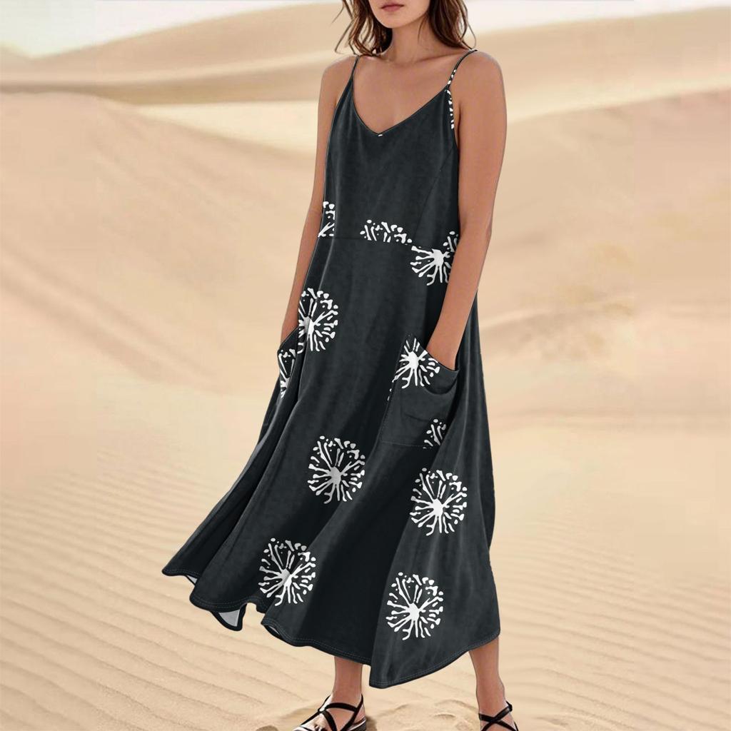 Women's Casual V Neck Dot Print Sleeveless Pocket Suspender Dress