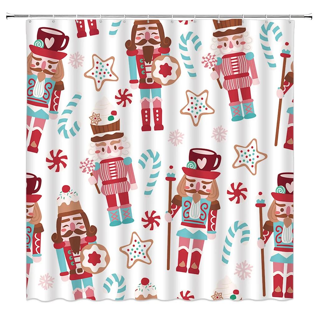 Christmas Nutcracker Shower Curtain, Christmas Tree Snowman Bathroom Curtain Decoration Set With Hook Fabric Christmas Gift