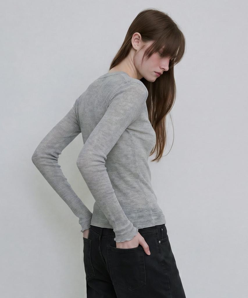 Dito Sheer Ribbed Henley Top [Grey]