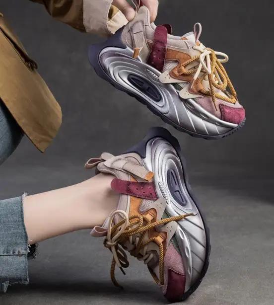 Fashion 6CM Spring Air Mesh Leather Pigskin Women Ankle Boots Flats Booties Mixed Color Fashion Chunky Sneaker Comfy Fall Summer Shoes