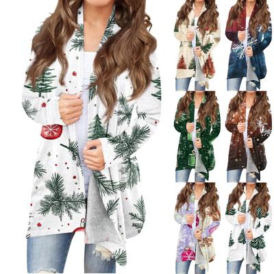 Damenmode, lässig, Weihnachtsdruck, mittellanger Cardigan-Jackenmantel