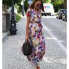 Summer Short Sleeve Vintage Print Sexy Women Dresses Casual Elegant Slim Fit V Neck Floral Long Dress Women High Waist Lace-up Party Club Dress 26101