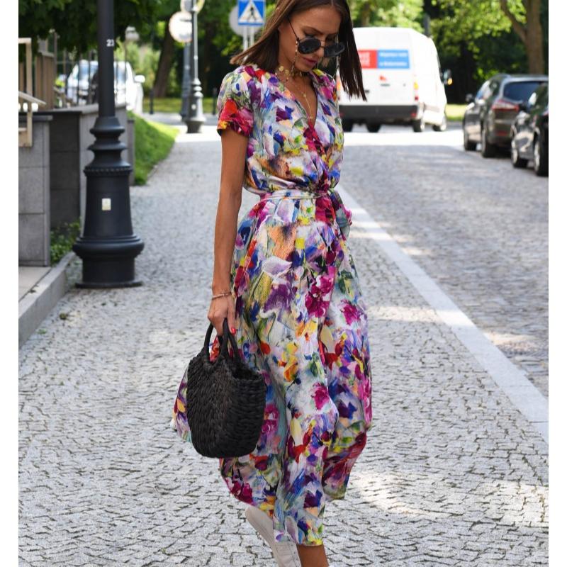 Summer Short Sleeve Vintage Print Sexy Women Dresses Casual Elegant Slim Fit V Neck Floral Long Dress Women High Waist Lace-up Party Club Dress 26101
