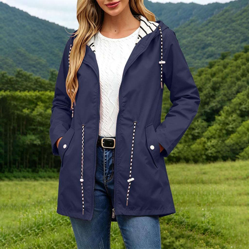 Women's Casual Hooded Trench Coat with Striped and Pockets