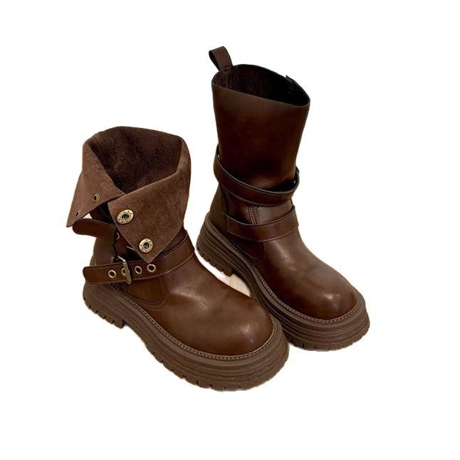 Cowhide Version~ Leather Platform Maillard Medium Tube Short Boots Women's 2025 New British Style Retro Brown Martin Boots