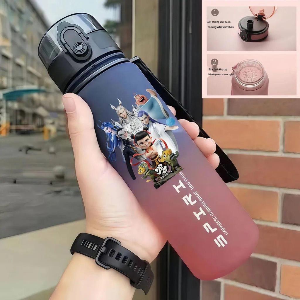 Nezha Student Water Bottle: Portable, Food-Grade Plastic for Direct Drinking, Unisex School Cup