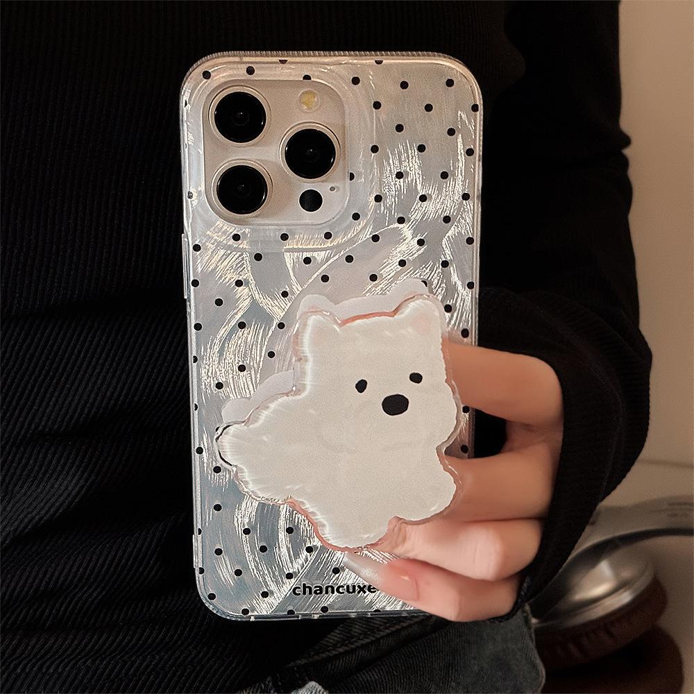 Cute Polka Dot Puppy Stand Mobile Phone Case Suitable for 14 Apple 15 Promax Korean Iphone16 Anti Fall 12 Feather Yarn