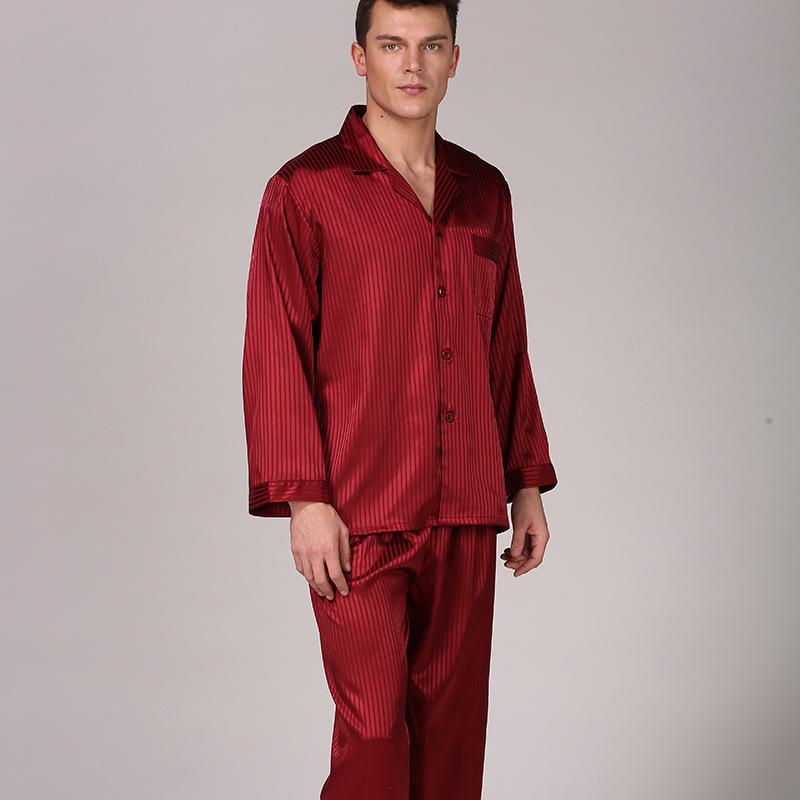 Men's Long Sleeve Striped Faux Silk Pajama Set with Pants - Plus Size