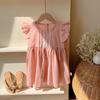 Korean Style Girls' Lace Trim Puff Sleeve Dress - 2026 Summer Collection in Washed Cotton