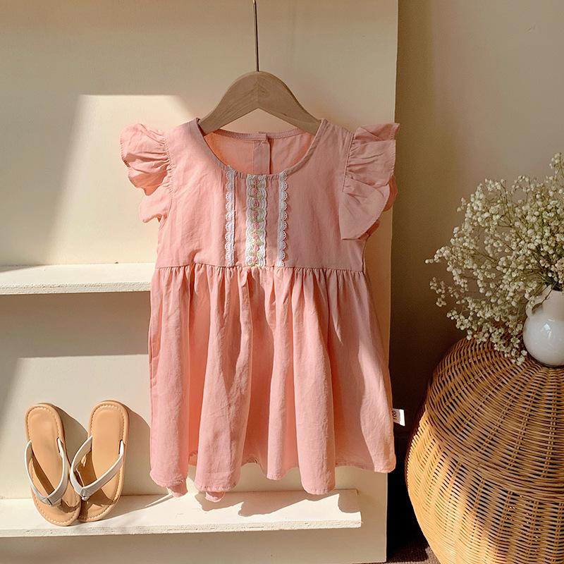 Korean Style Girls' Lace Trim Puff Sleeve Dress - 2026 Summer Collection in Washed Cotton