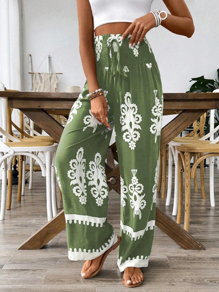 2025 Bohemian Geometric Print Wide-Leg Smocked Pants S зелёный