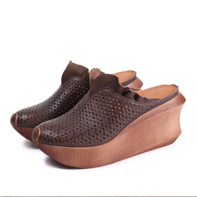 Fashion GKTINOO Women Leather Mules 9 CM High Heels Wedge Slippers Women Handmade Platform Genuine Leather Slippers Coffee Shoes 2024
