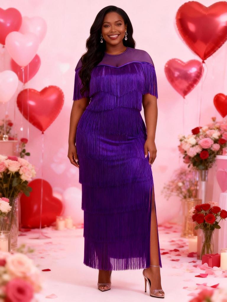 Falda Transparente con Borlas y Abertura Lateral de Cuello Redondo para Mujer Tallas Grandes - Vestido para Fiesta de Vino y Banquete