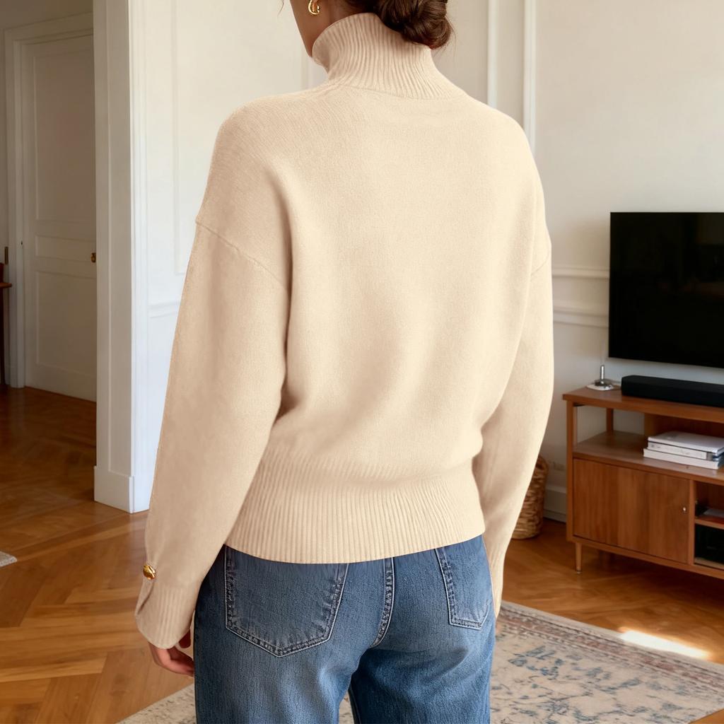 Women's Loose Comfortable Casual Fashion Knit Sweater With Buttons And High Neck