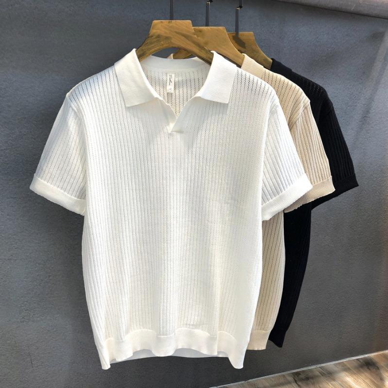 Men S Short Sleeve Hollow Knit Polo Shirt Summer Old Money Style