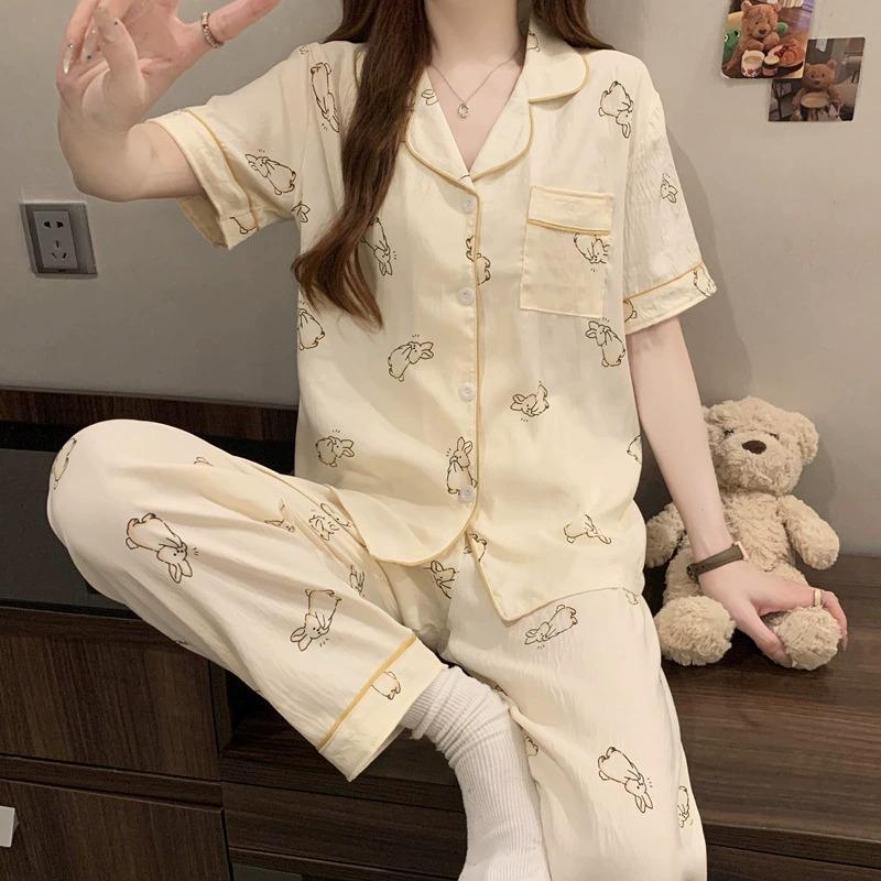 Short-sleeved Trousers, Summer Pajamas, Women's Cardigan, Casual Home Service 2-piece Suit