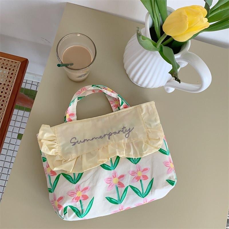 

Delightful Floral Print Canvas Handbag Featuring Sweet Ruffled Trim And Versatile Use Pink Green Leaves