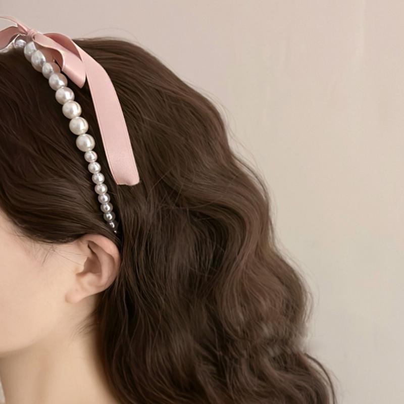 Bowknot Headband for Woman with White Pearls Decors Delicate Headbands Banquets Headbands Sweet Hairbands Yoga Supply