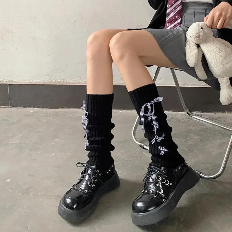 1Pair Woman Leg Warmers Autumn and Winter Ribbon Lolita Black Knee Warmers Long Socks JK Knitted Girl White Leg Warmers